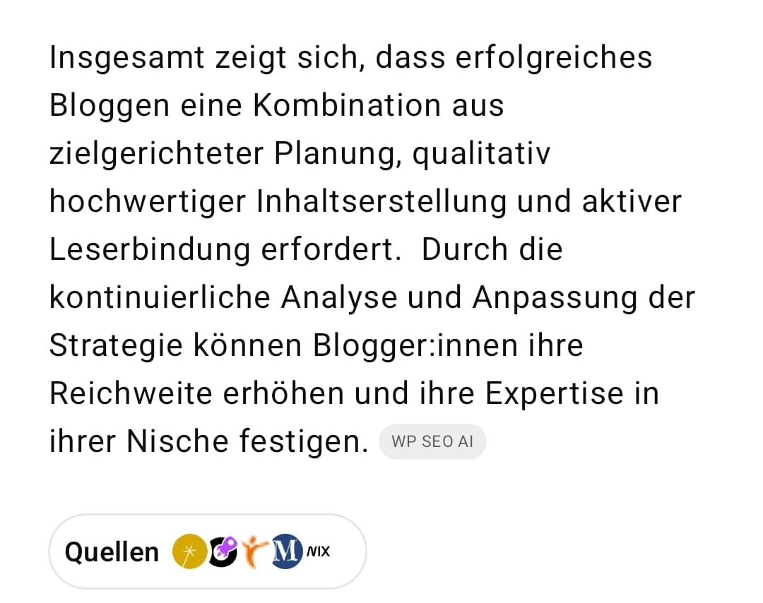 Generative Engine Optimization2 Erklärung zu erfolgreichem Bloggen mit Fokus auf Strategie, Inhalt und Leserbindung im Kontext von Generative Engine Optimization von ChatGPT und Quellenangaben.