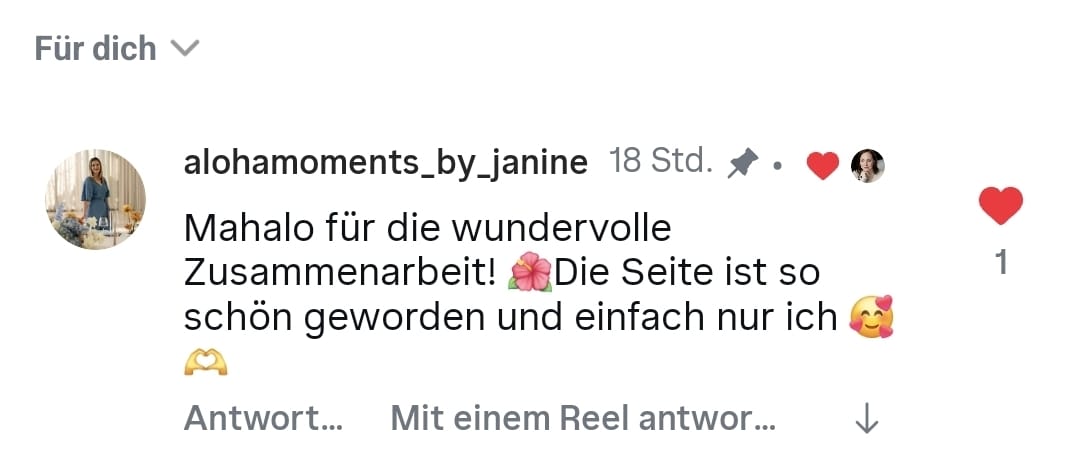 Bild des Testimonials auf Instagram von Janine mit den Worten: "Mahalo für die wundervolle Zusammenarbeit! Die Seite ist so schön geworden und einfach nur ich."