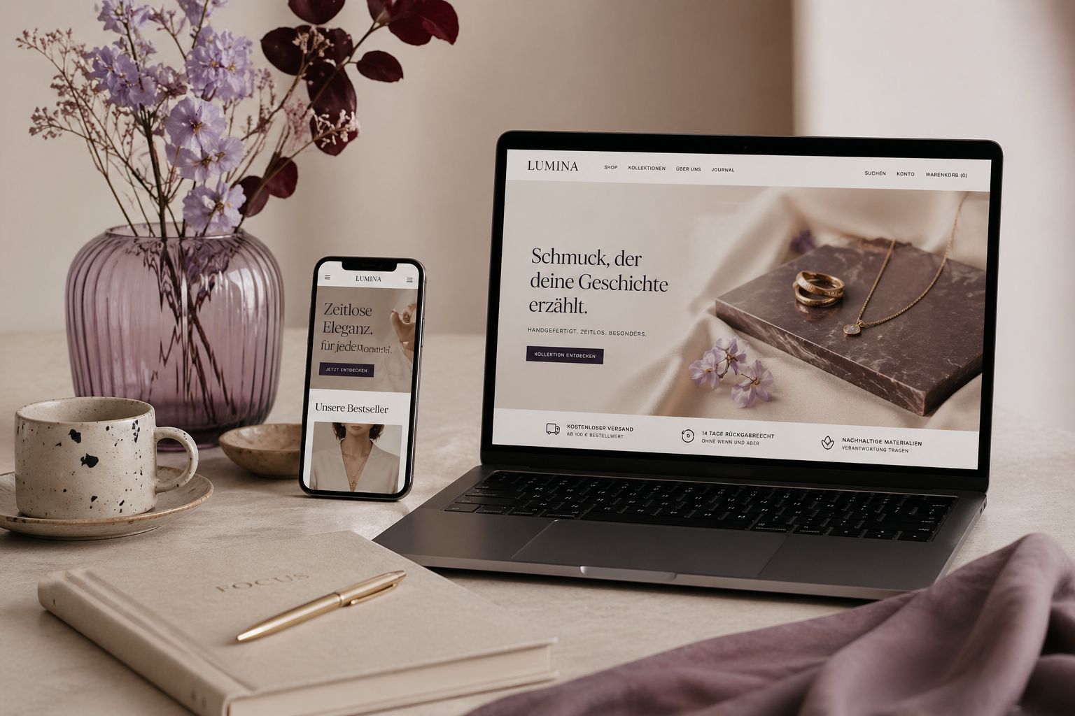 Minimalistisches E-Commerce Webdesign Mockup eines Online-Shops auf Laptop und Smartphone in eleganter Markenästhetik